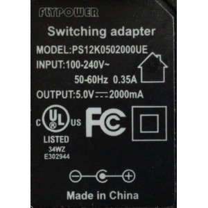 CARGADOR / ADAPTADOR DE FUENTE DE ALIMENTACION FLYPOWER / VCA-VCD  / NUMERO DE PARTE PS12K0502000UE / ENTRADA VCA 100-240V~ 50-60HZ 0.35A / SALIDA VCD 5.0V 2000MA / MODELO PS12K0502000UE